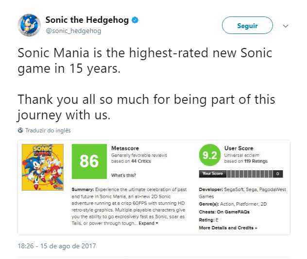 Sonic Mania - Metacritic